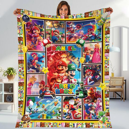 Custom Name Super Mario Bros Blanket, Super Mario Birthday Throw Blanket, Mario Luigi Bowser Princess Peach Blanket, Video Game Blanket