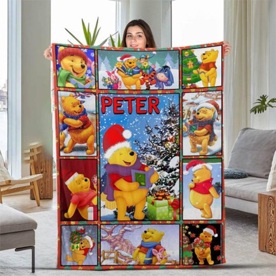 Custom Name Pooh And Friends Christmas Blanket, Winnie The Pooh Xmas Throw Blanket, Pooh Bear Disneyland Throw Blanket for Bed Couch Sofa