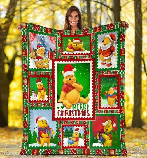 Pooh Merry Christmas Throw Blanket, Pooh And Friends Blanket, Pooh Bear Magic Kingdom Blanket For Bed Couch Sofa, Disneyland Pooh Blanket