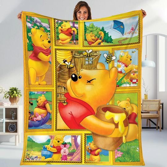 Disneyland Winnie The Pooh Throw Blanket, Pooh And Friends Blanket, Pooh Bear Magic Kingdom Blanket for Bed Couch Sofa, Christmas Blanket