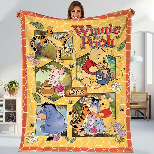 Personalized Name Winnie The Pooh Blanket, Pooh Bear And Friends Blanket, Custom Disneyland Blanket, Magic Kingdom Birthday Boy Girl Gifts