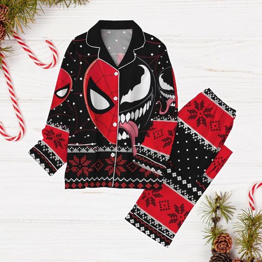 Spider Man And Venom Pajamas Christmas, Spiderverse Holiday Pajamas, Superhero Xmas Shirt, Christmas Party Shirt, MCU Fan Gift