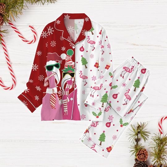 Cool Flamingo Santa Christmas Pajamas Set, Candy Cane Holiday Pajamas, Funny Bird Xmas Pajamas, Animal Holiday Pajamas, Gift For Kids