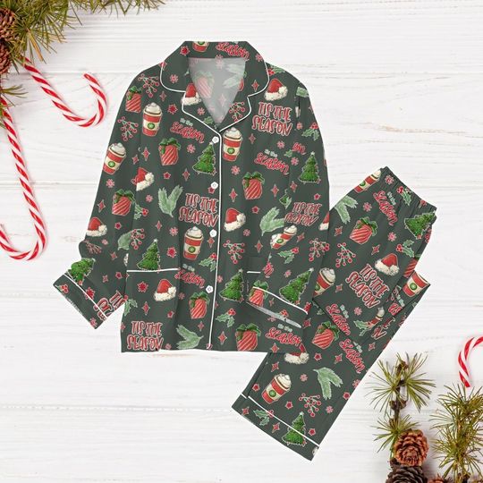 Christmas Coffee Pajamas Set, Santa Hat Holiday Pajamas, Christmas Tree Women Pajamas, Tis The Season Shirt, Christmas Party Shirt