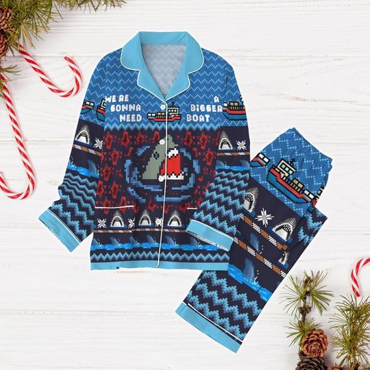 Christmas Jaws Shark Pajamas Set, Funny Shark Xmas Pajamas, We're Gonna Need A Bigger Boat Shirt, Merry Fishmas Shirt, Gift For Dad