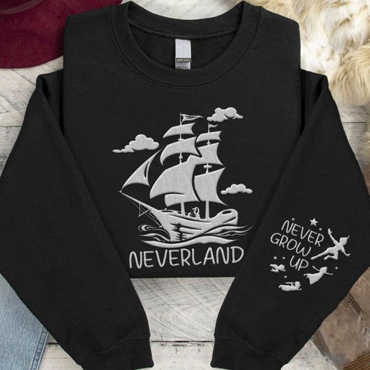 Embroidered Pirate Ship Neverland Never Grow Up Sweatshirt, Disney Peter Pan Flying Embroidery Sweater, Magic Kingdom Disneyland Family Trip