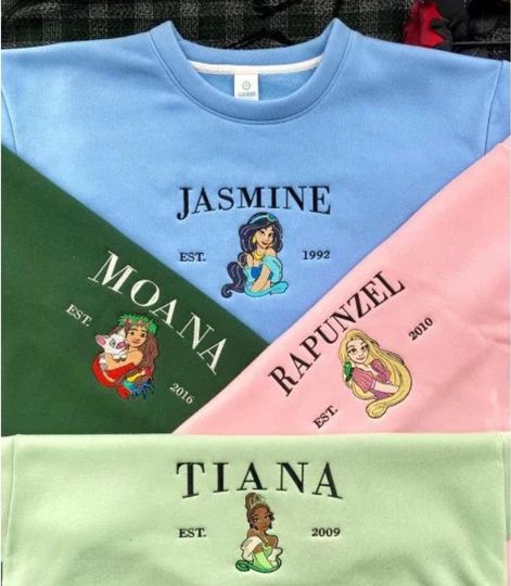 Disney Princess Embroidered Christmas Sweatshirt - Tiana, Rapunzel, Jasmine, Moana Shirt, Disney Character Embroidered hoodie