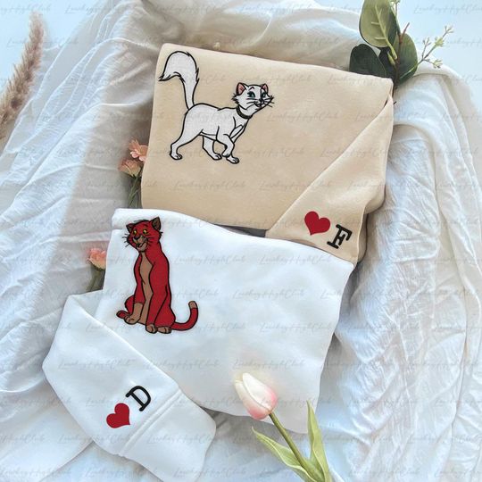 Duchess Thomas Embroidered Sweatshirt Hoodie, Disney Valentines Embroidery, Custom Name Sleeve Embroidery Sweater, Aristocats Couple Hoodie