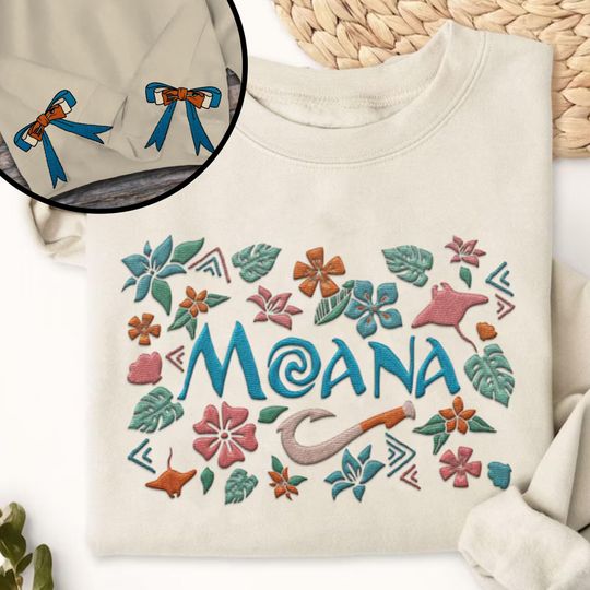 Embroidered Moana Motunui Pua And Hei Hei Coquette Side Bow Sweatshirt, Princess Embroidery Sweater, 2024 Girls Trip, World, Birthday Gift