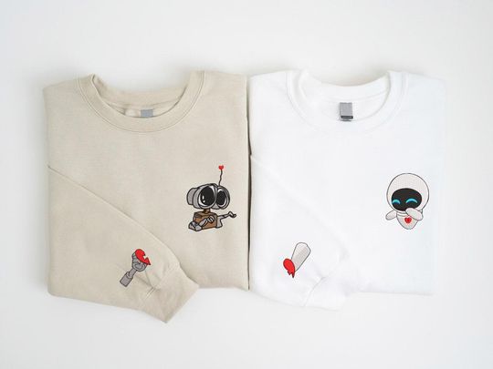 Embroidery Wall E And Eve Matching Sweatshirt, Couple Embroidery Sweater, Initial On Sleeve, Personalized Couple Crewneck EH355-356.L.H.C