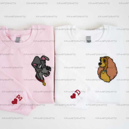 Lady and Tramp Valentine Embroidered Sweatshirt, Disney Embroidered Crewneck, Sweethearts Sweater, Embroidered Romantic Dog Couples Sweater