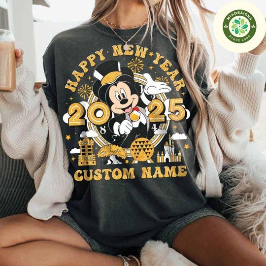 Personalized Mickey & Friends Disney Happy New Year 2025 Shirt, WDW Disneyland Holiday Family Fireworks New Year's Eve Party Group Matching