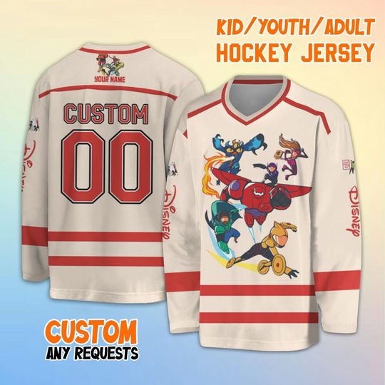Personalized Disney Big Hero 6 Characters Artwork Hockey Jersey, Custom Big Hero 6 Hockey Shirt, Disney Hockey Team Shirt