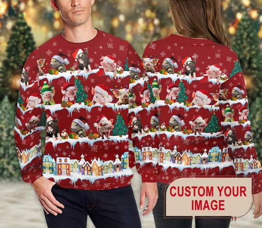 Pig Farm Christmas 3D Ugly Sweater, Cute Pig Farmer Family Ugly Christmas Sweater, Animal Xmas Sweatshirt, Christmas Gift For Men Women Kid
