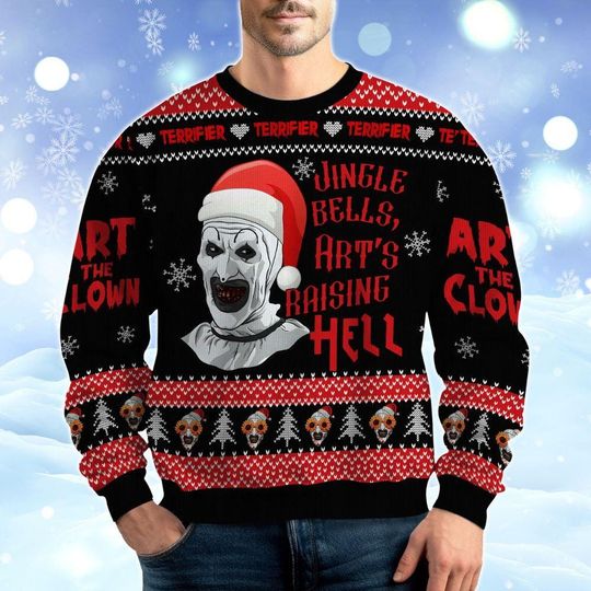 Terrifier Santa Ugly Christmas Sweater, Art The Clown Xmas Sweatshirt, Terrifier 3 Art The Clown Shirt, Horror Holiday Sweater