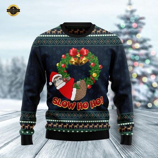 Slow Ho Ho Sloth Christmas Sweater - Funny Festive Ugly Holiday Knit