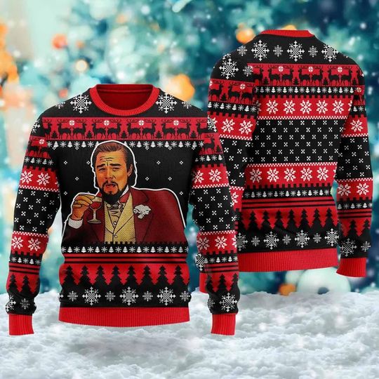 Funny Leo Meme Ugly Christmas Sweater, Man Drinking Wine 3D Sweatshirt, Humorous Xmas Party Gift, Movie Meme Sweater