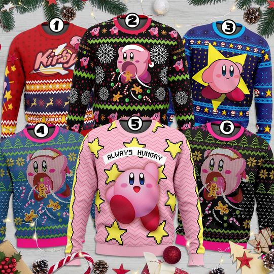 Kirby Ugly Christmas Sweater, Kirby Video Game Ugly Christmas Sweatshirt, Pink Kirby Ugly Sweater, Kirby Video Game Ugly Xmas Sweatshirt