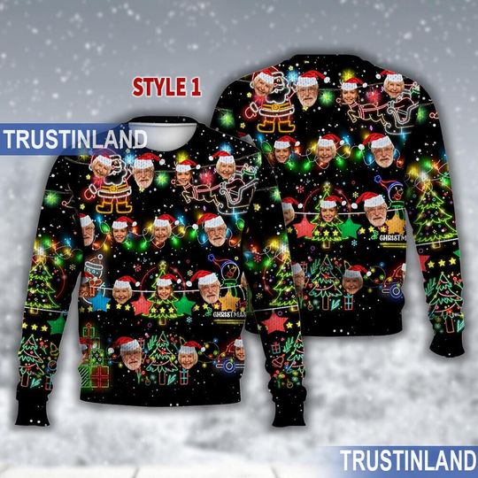 Personalized Face Bright Neon Lighting Christmas Ugly Sweater, Custom Face Xmas Neon Gift