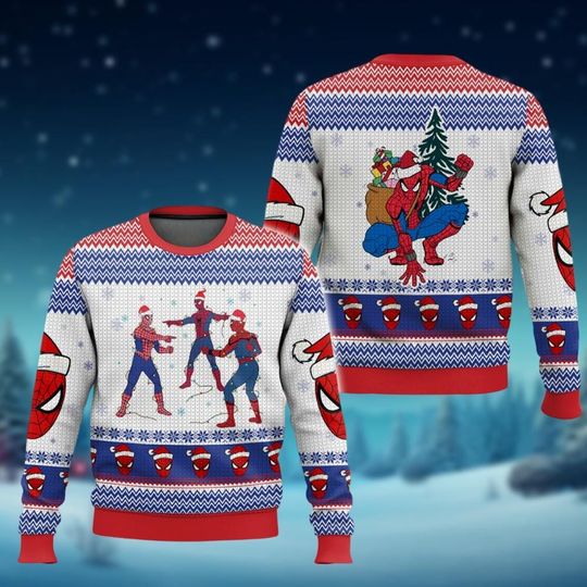 Spider-Man Ugly Sweater, Three Spiderman Meme Santa Christmas Lights Sweater, Superhero Holiday Sweater, Xmas Tree Shirt, Funny Sweater