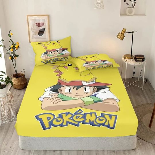 Pika Cartoon Fitted Sheets Anime Poket mons Lightning Mouse Cute Children's Bedding Set ​