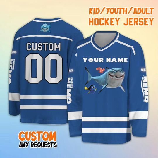 Personalized Disney Finding Nemo Dory And Bruce Hockey Jersey, Disney Finding Nemo Dory And Bruce Hockey, Custom Team Disney Gift
