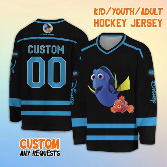 Personalized Disney Finding Nemo Cute Nemo And Dory Hockey Jersey, Custom Finding Nemo Hockey Shirt, Disney Hockey Team Shirt