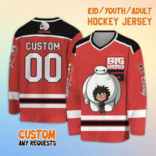 Personalized Disney Big Hero 6 Cute Chibi Hockey Jersey, Custom Big Hero 6 Hockey Shirt, Disney Hockey Team Shirt