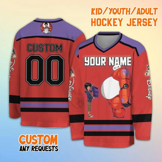Personalized Disney Big Hero 6 Cute Baymax And Hiro Hockey Jersey, Custom Big Hero 6 Hockey Shirt, Disney Hockey Team Shirt