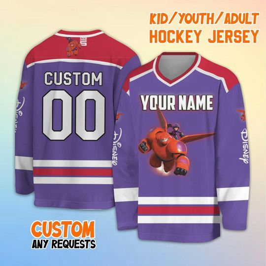 Personalized Disney Big Hero 6 BayMax And Hiro Hockey Jersey, Custom Big Hero 6 Hockey Shirt, Disney Hockey Team Shirt