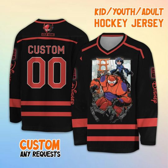 Personalized Disney Big Hero 6 Black Color Hockey Jersey, Custom Big Hero 6 Hockey Shirt, Disney Hockey Team Shirt