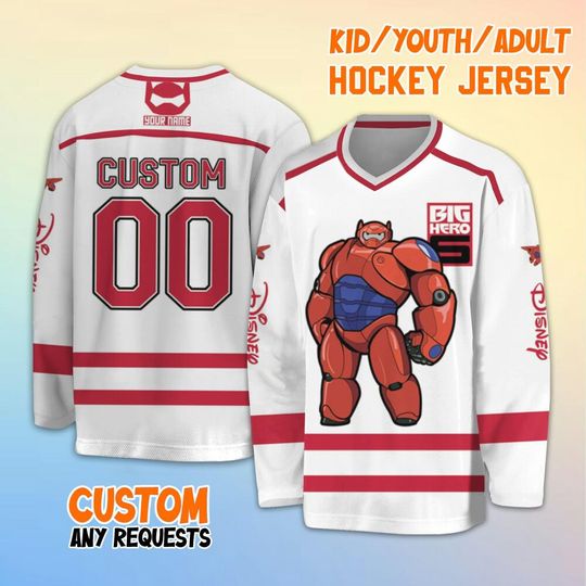 Personalized Disney Big Hero 6 Baymax In Armor Hockey Jersey, Custom Big Hero 6 Baymax Hockey, Disney Hockey Team Shirt