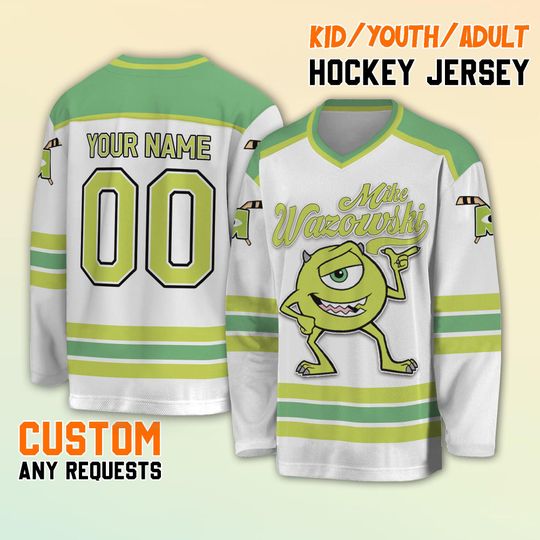 Custom Disney Monster Inc Mike Wazowski Hockey Jersey, Disney Monster Inc Mike Wazowski Hockey, Custom Team Hockey Gift