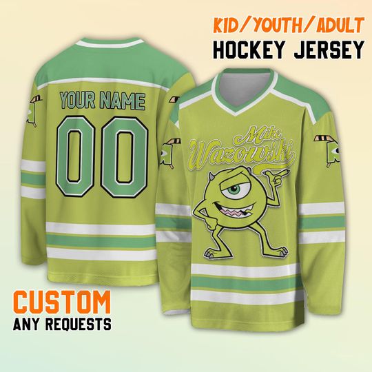 Custom Disney Monster Inc Mike Wazowski Hockey Jersey, Disney Monster Inc Mike Wazowski Hockey Shirt, Custom Team Hockey Gift