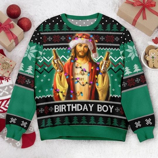 Birthday Boy Jesus Ugly Christmas Sweater Unisex Adult Crew Neck Sweatshirt, Christmas Ugly Sweater, Jesus Birthday, Funny Christian Gift