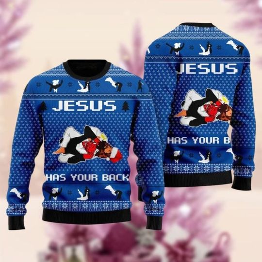 Happy Jesus Ugly Christmas Sweater, Jeus Has Your Back Jiu Jitsu Xmas Sweater, Santa Jesus Ugly Sweatshirt, Funny Christian Xmas Gifts