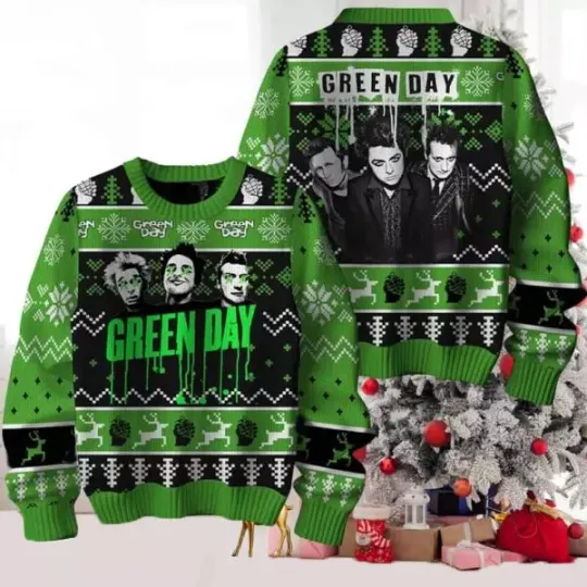 Green Day Reindeers Rock Band Ugly Christmas Sweater Full Sizes