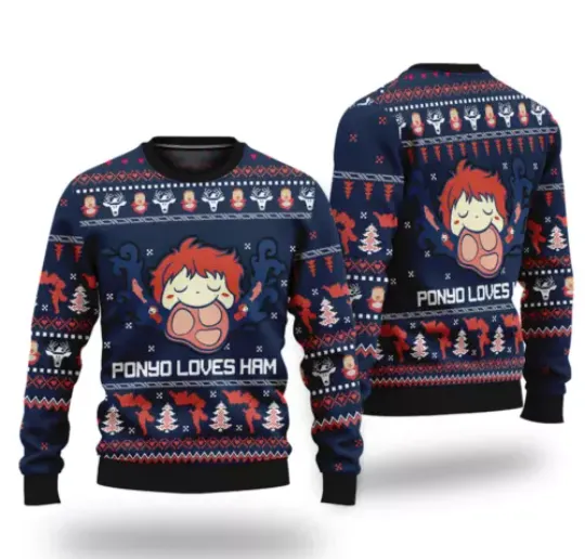 Cute Anime Ugly Christmas Sweater Ponyo Loves Ham, Unisex All Size