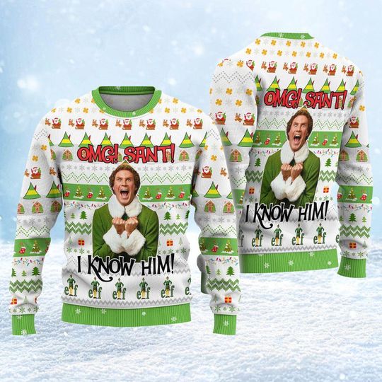 Christmas Elf Buddy Santa I Know Him Ugly Sweater, Funny Xmas Movie Sweatshirt, Holiday Ugly Sweater, Christmas Gift Ideas