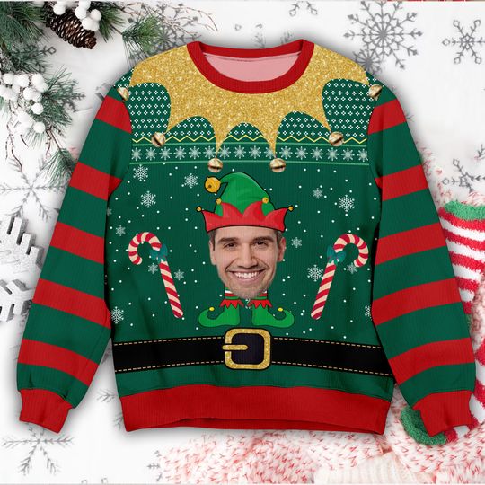 Personalized Face Christmas Ugly Sweater, Elf Christmas Funny Face Family Name, Personalized Photo Ugly Sweater, Christmas Gift, Custom Face
