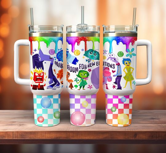 It's Okay To Feel All The Feels 40oz Quencher Tumbler Png, Mental Health Png, Inside Out 2 Emotions, Cartoon Emotions Friends 40oz Tumbler