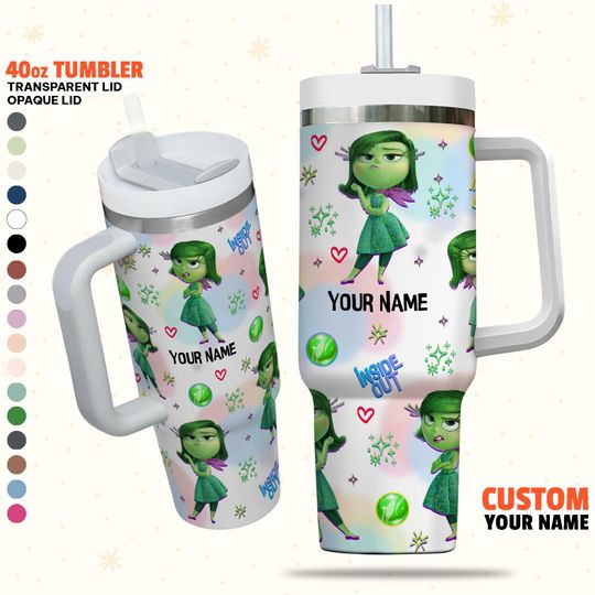 Custom Disney Inside Out Disgust Green Color Tumbler, Custom Name Disney Characters 40oz Tumbler Handle Lid Straw Stainless Steel Reusable
