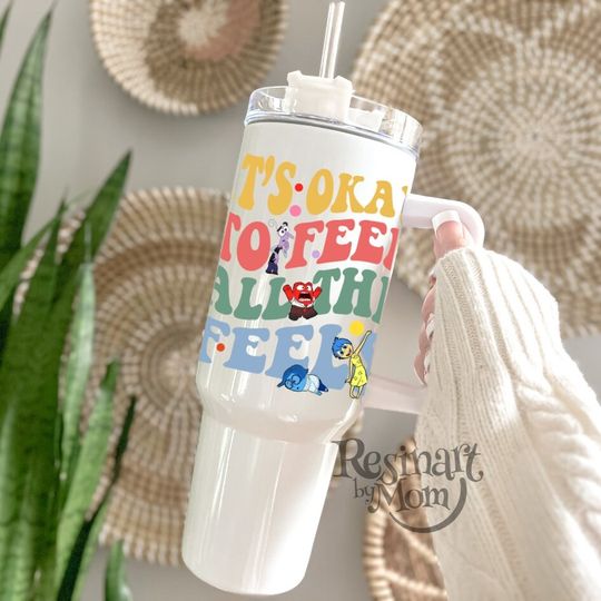 Inside Out Tumbler, It's Ok to Feel all this Feels Cup, Disney Tumbler, Disney Cup with Straw, Disney Tumbler with Handle, Custom Cup