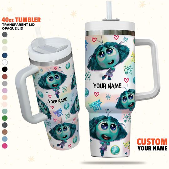 Custom Disney Inside Out Envy Turquoise Color Tumbler, Custom Name Disney Characters 40oz Tumbler Handle Lid Straw Stainless Steel Reusable
