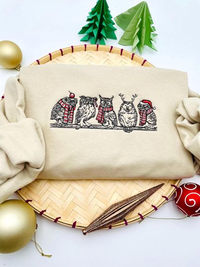 Christmas Embroidered Sweatshirt with Owls, Funny Christmas sweater, Funny Animals crewneck, Santa Birds embroidered sweatshirt Unisex S-2X