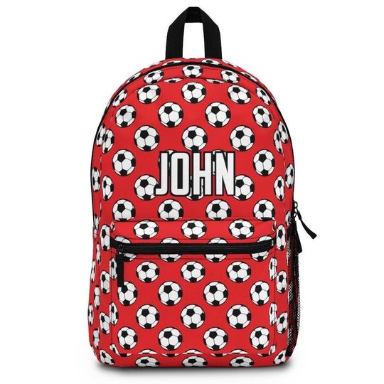 Backpack with Fun Soccer Balls Sport and Personalized Name on Several Colors, Birthday Gift Bag for Mom Dad Sister Friend Him and Her