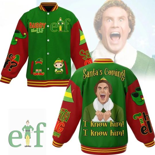 Buddy The Elf Christmas Baseball Jacket, Santa I Know Him Shirt, Funny Christmas Movie Jacket, Holiday Streetwear Jacket, Gift For Men