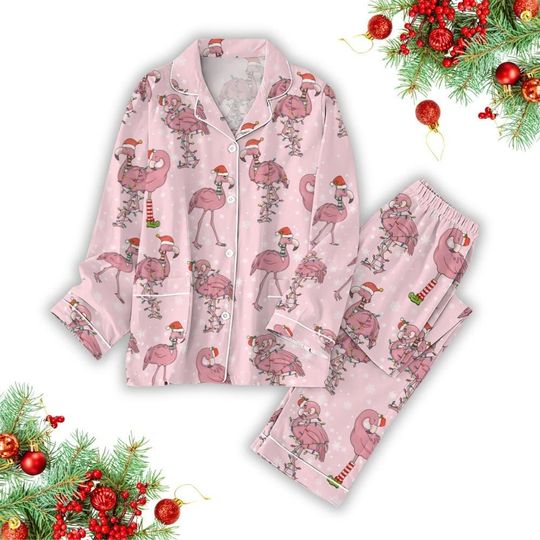 Flamingo Santa Christmas Pajamas, Pink Midnight Shirt, Funny Flamingo Shirt, Animal Pjm Set, Holiday Women Pajamas, Bird Lovers Gift
