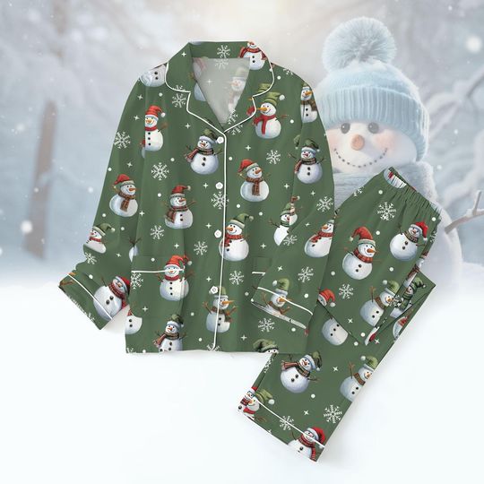 Snowman Christmas Pajamas, Snowman Santa Shirt, Holiday Long Sleeve Pajamas, Cute Women Pajamas, Winter Season Gift, Pj Set For Xmas