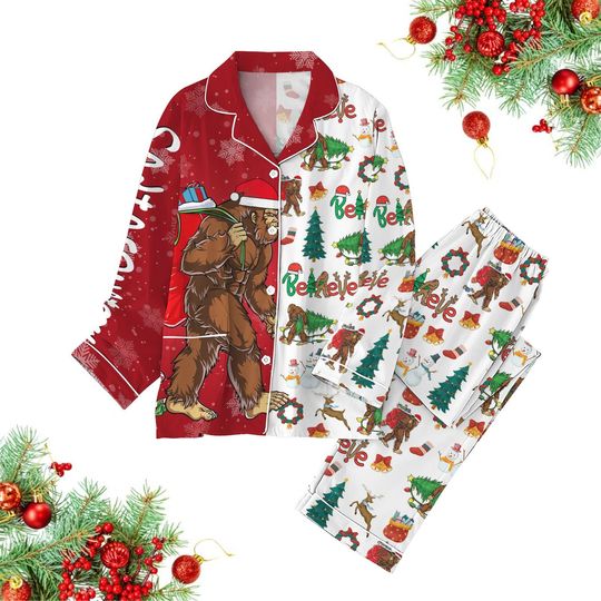 Bigfoot Believe Christmas Pajamas Set, Bigfoot Sasquatch Shirt, Holiday Monster Shirt, Holiday Gift, Xmas Long Sleeve Pajamas